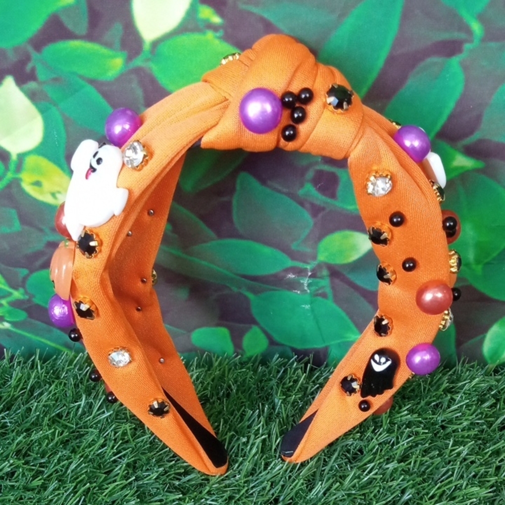 👻 Orange Beaded Headband with Ghost Accents